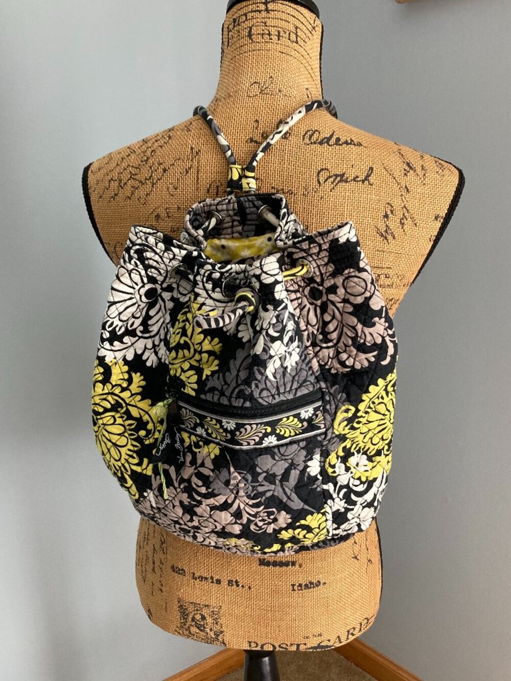 Vera Bradley Baroque Bucket Bag Backpack Drawstring Cinch Black Yellow Gray Whit